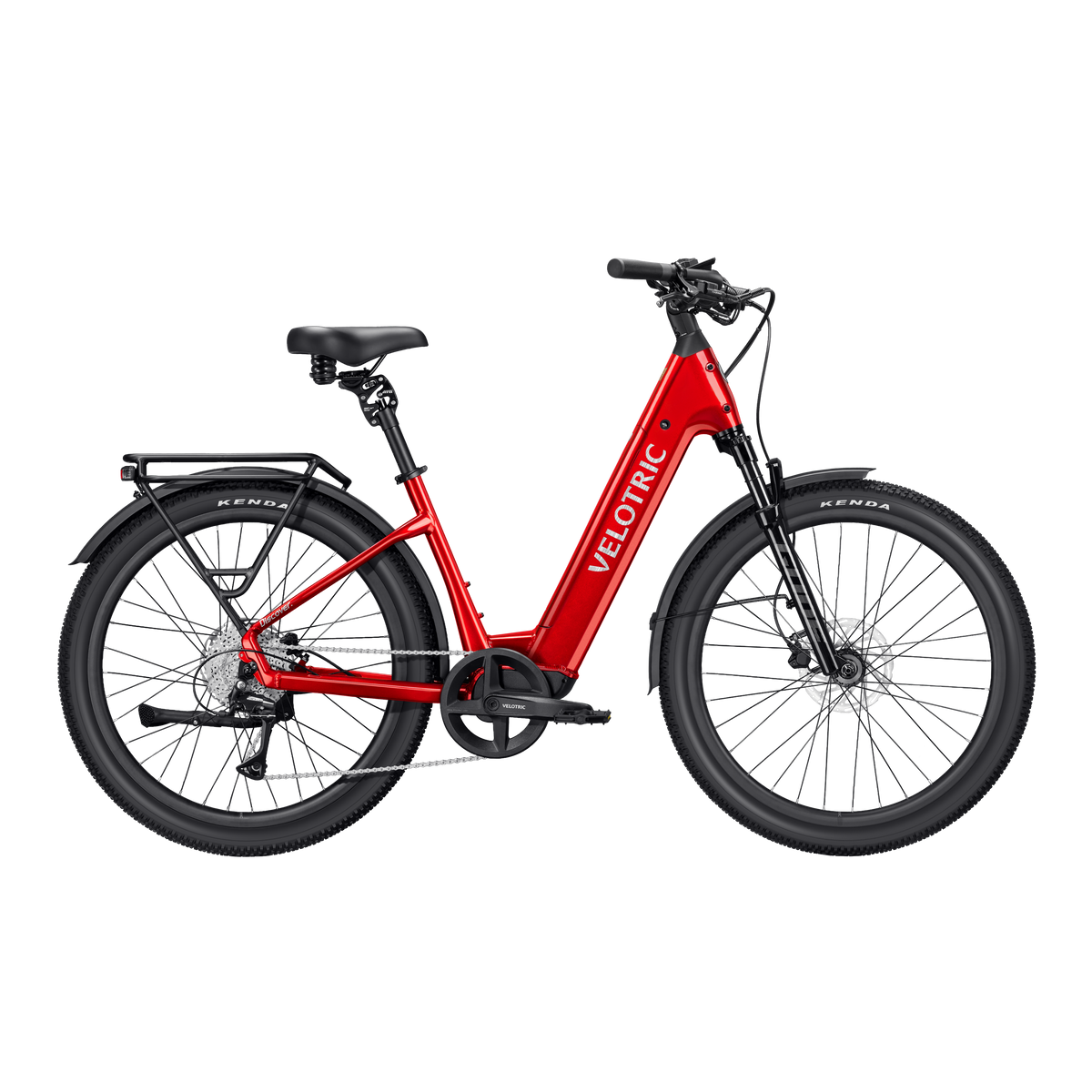 A cherry crimson Velotric Discover 3 eBike shown from the side, highlighting its sleek frame, integrated battery, and upright handlebars.