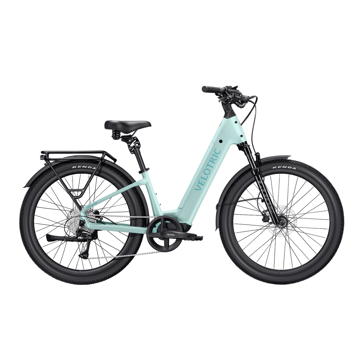 A mint green Velotric Discover 3 eBike shown from a side angle, highlighting its step-through frame, integrated battery, and upright handlebars.