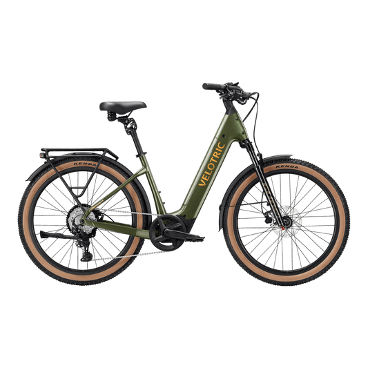 Velotric Discover M eBike in Olivine Green, side view, showcasing frame, wheels, and battery.