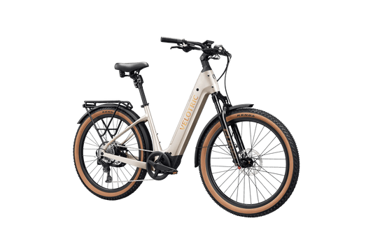 Platinum Silver Velotric Discover M eBike side view against a white background