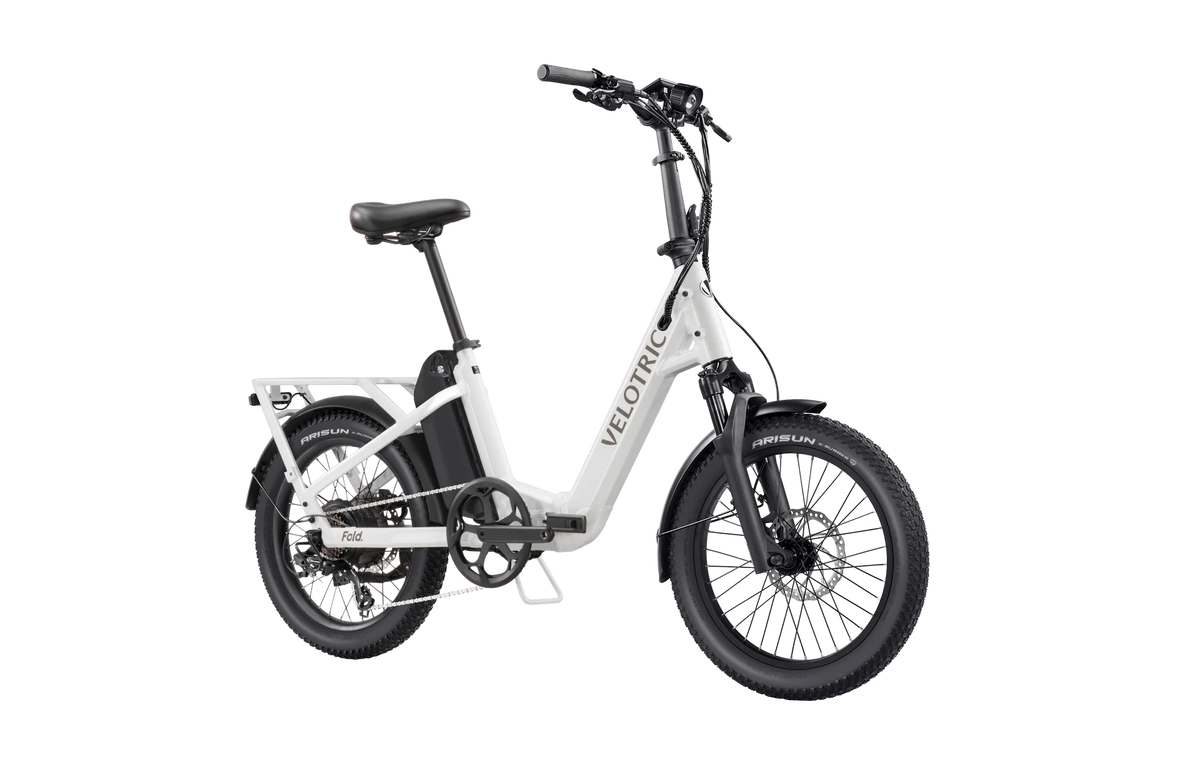 Pearl White Velotric Fold 1 Plus eBike, folded, side view, against a plain background