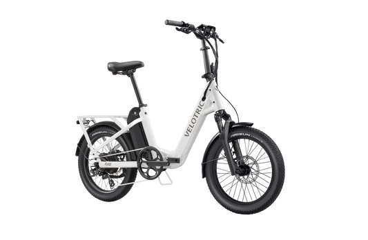 Pearl White Velotric Fold 1 Plus eBike, folded, side view, against a plain background