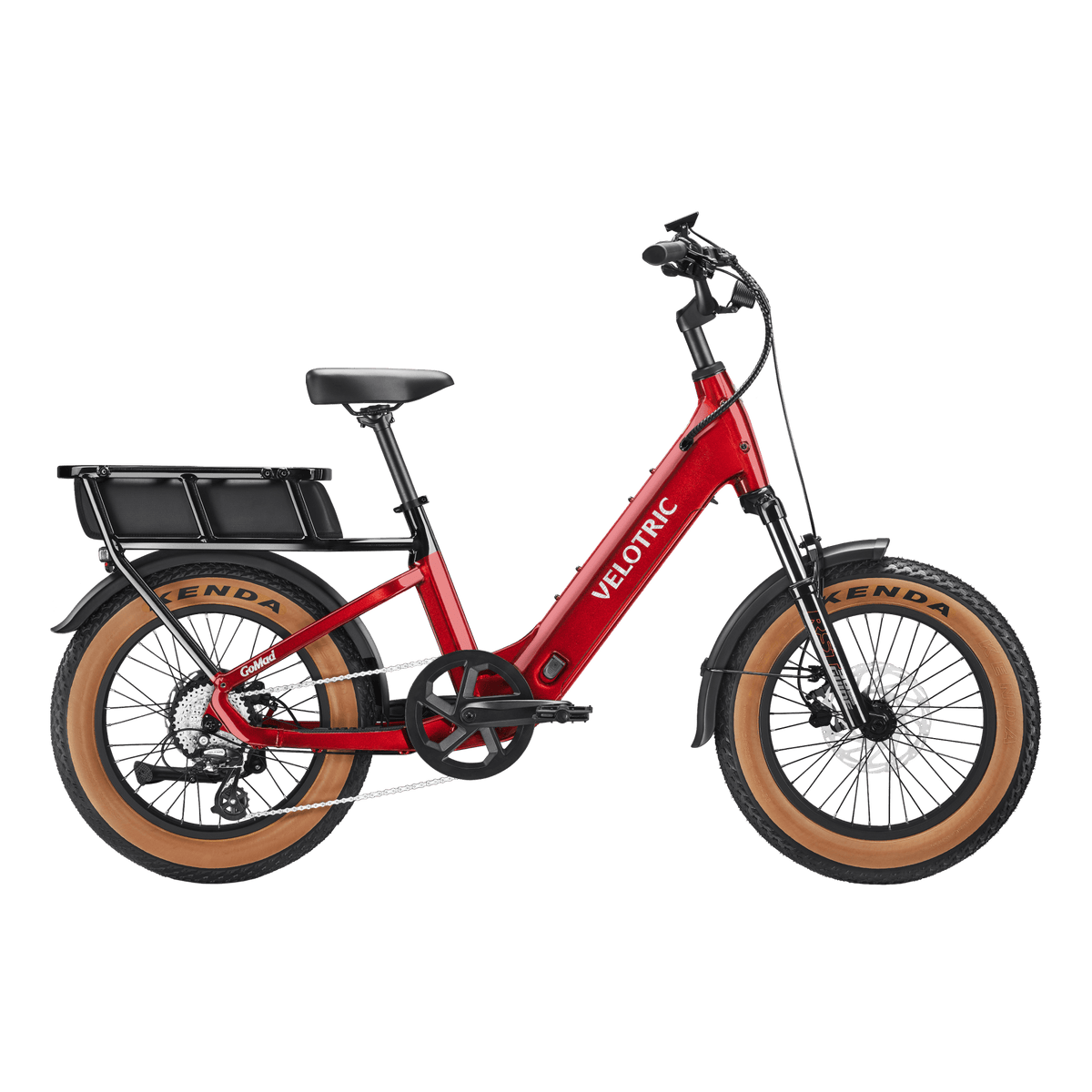 Velotric GoMad eBike in Dark Amber color, side view, showcasing its frame, wheels, and battery against a plain background.