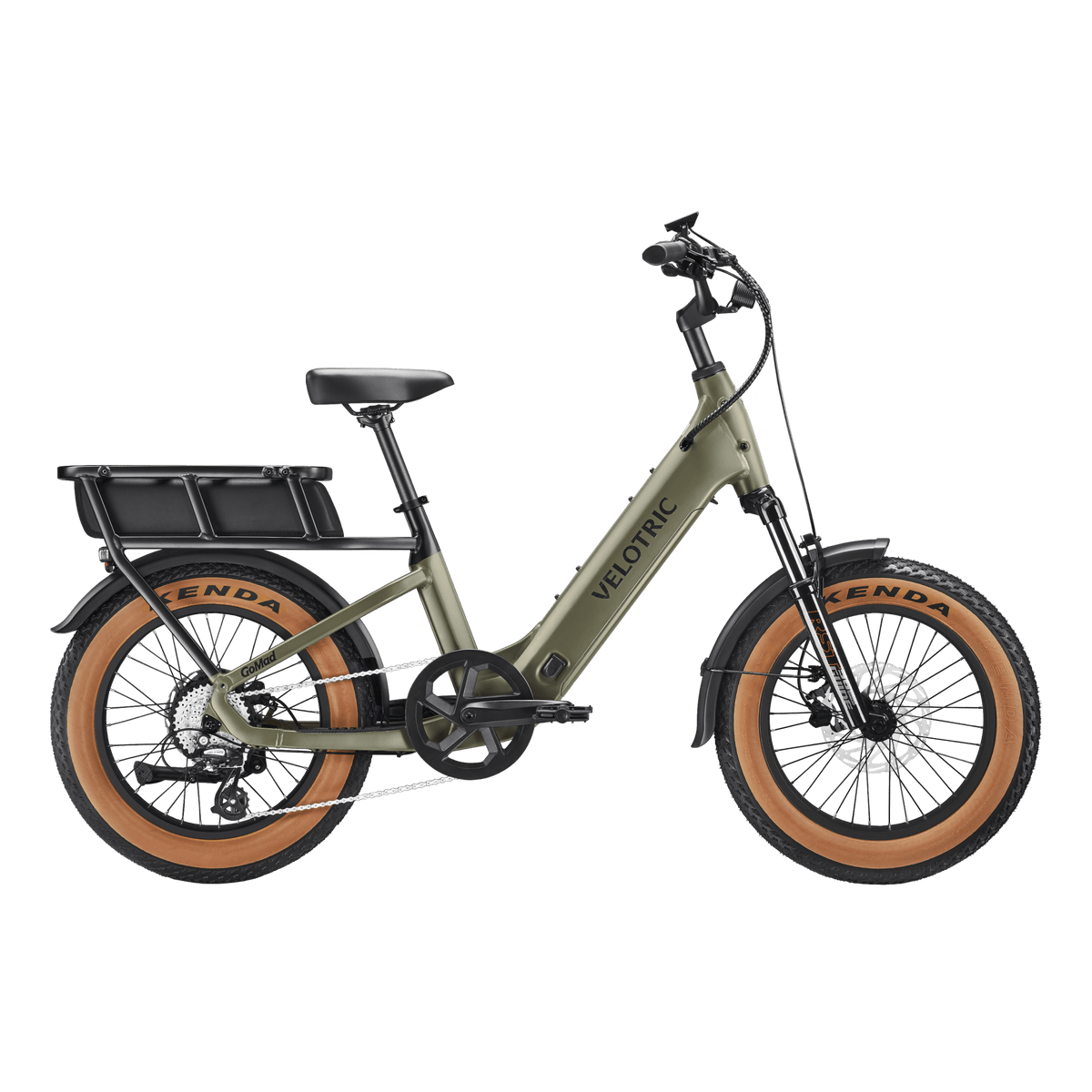 Velotric GoMad eBike in Sage color, side view, showcasing its frame, wheels, and battery.