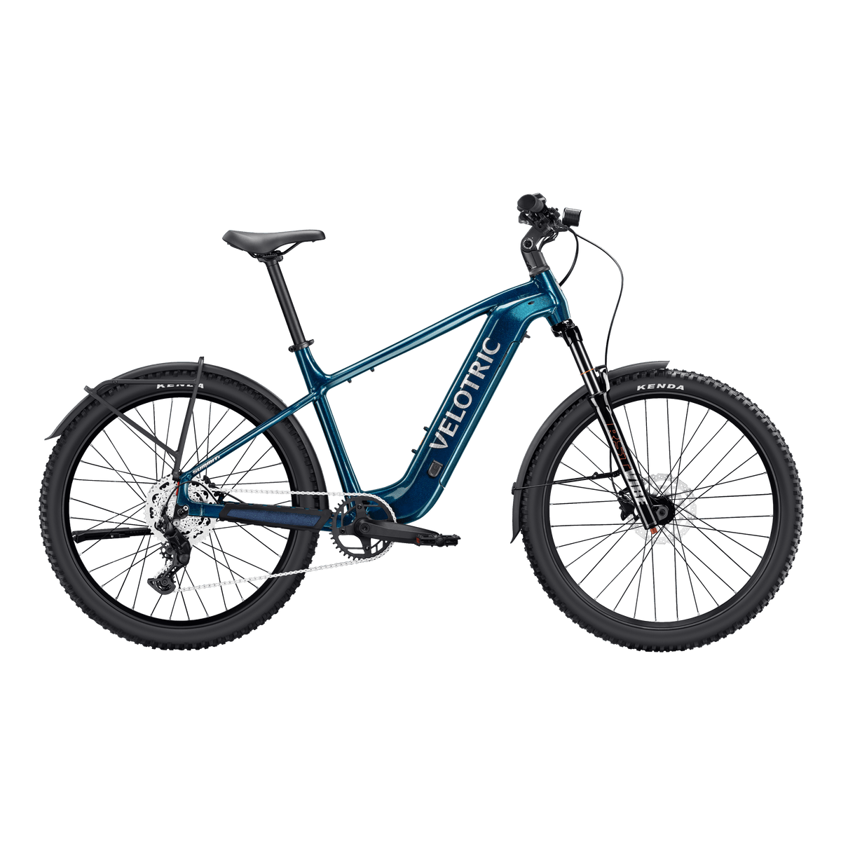 Velotric Summit 2 electric mountain bike in Ocean Blue color, side view, displayed on a white background.