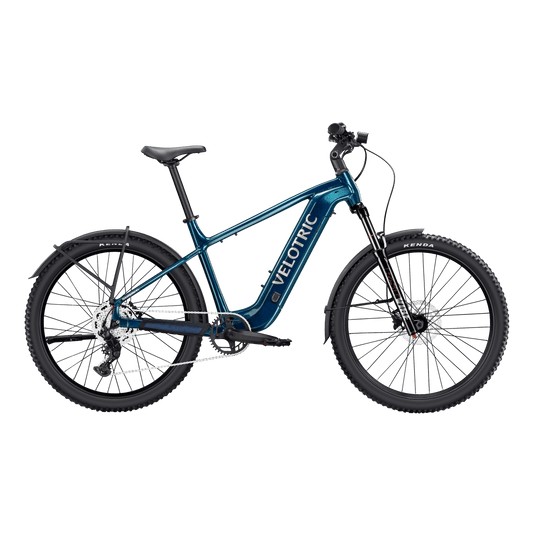 Velotric Summit 2 electric mountain bike in Ocean Blue color, side view, displayed on a white background.