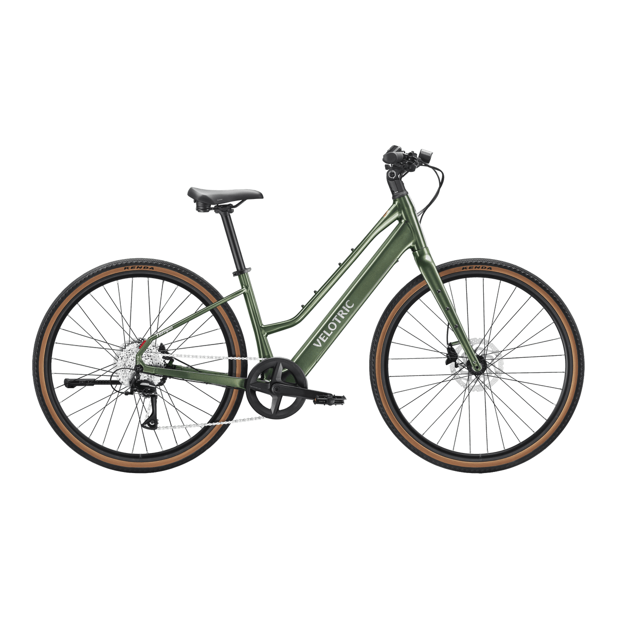 Velotric Tempo Mid Step eBike in Forest Evergreen color, side view, displayed outdoors