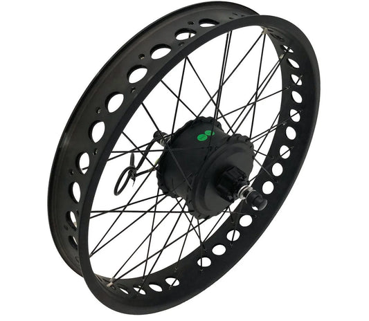 Alt text: Coastal Cruiser 26x4 rear eBike wheel assembly with 52v 750w motor, product image 1