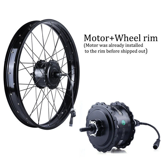 Rear view of Coastal Cruiser 26x4 eBike wheel assembly featuring a 52v 750w motor attached to the rear wheel.