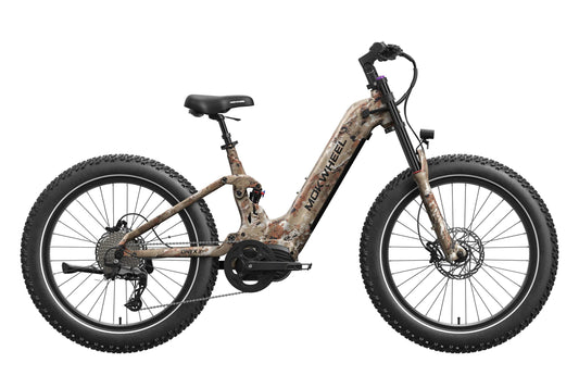 Electric bike Mokwheel Onyx ST in desert camo color, side view, isolated on white background.