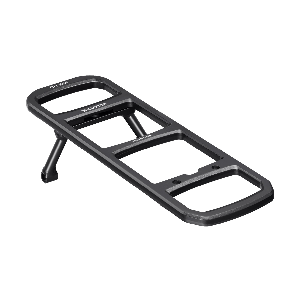 Velotric Summit 2 modular rear rack attached to an e-bike, shown in a studio setting with a clear view of the rack’s structure and mounting points.