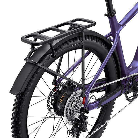 Velotric Summit 2 modular rear rack attached to an e-bike, showcasing its sturdy black metal frame and versatile mounting design.