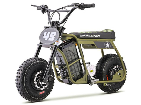 eMOTO EBOX Dragster electric bike in khaki color, side view, displayed on a white background
