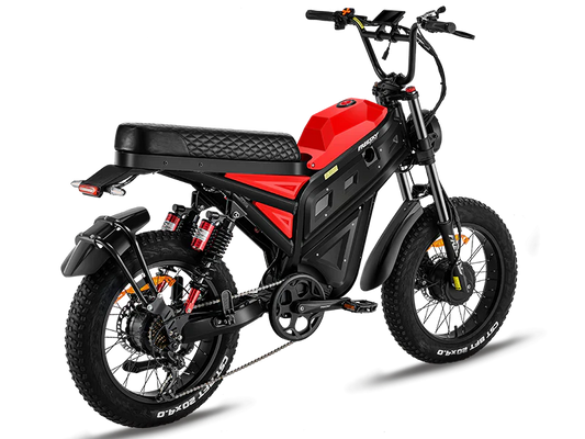 Side view of the eMOTO Freesky Cheetah MT-380 electric mountain bike, showcasing its frame, wheels, and suspension system.
