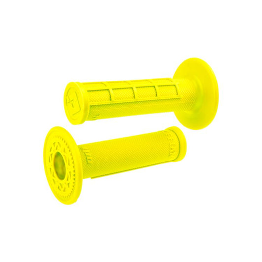 Yellow eMOTO ODI half waffle grips for motorcycles, product image showing one yellow grip
