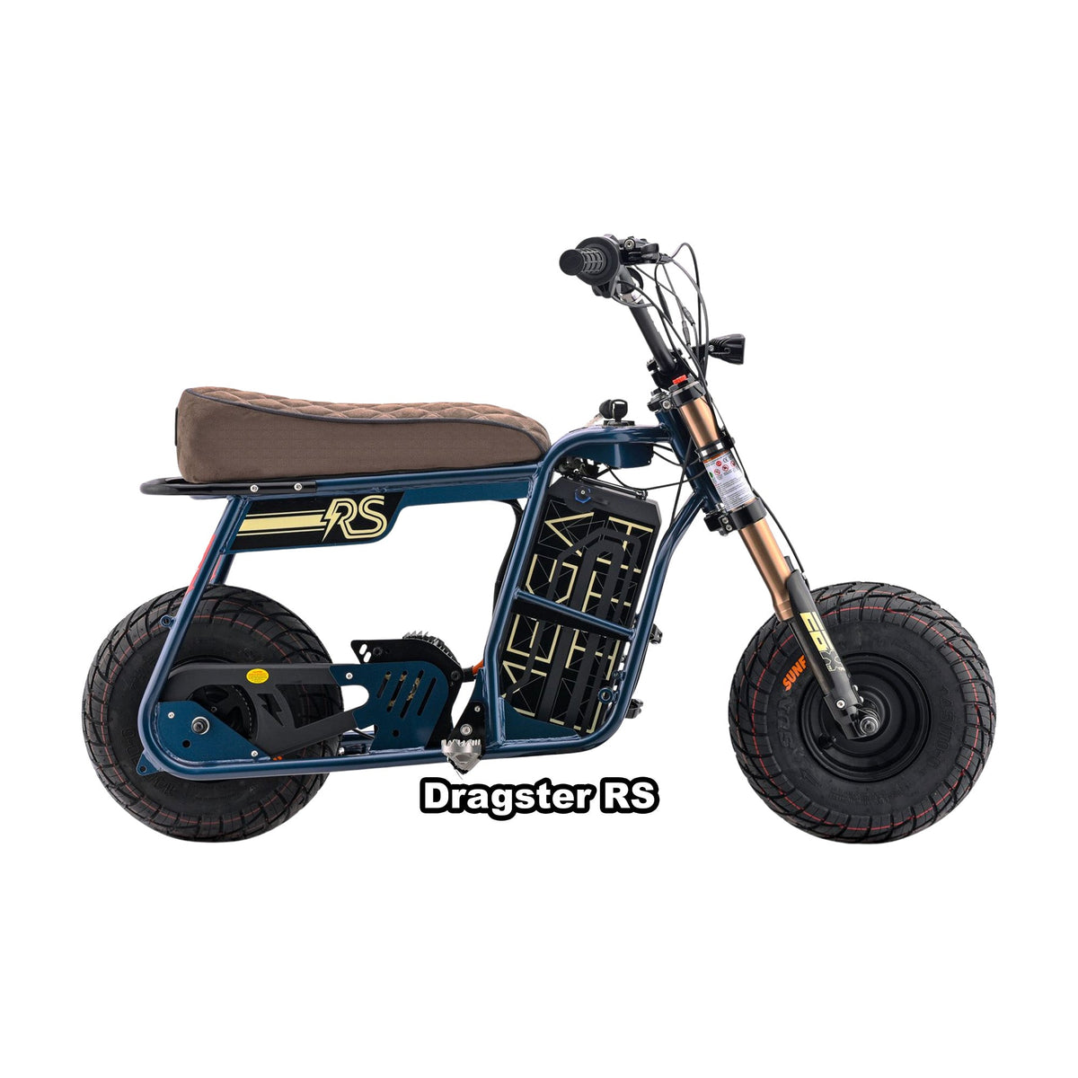 Navy eMOTO Stomp Ebox Dragster RS electric bike in its original box, product image showing packaging and branding.