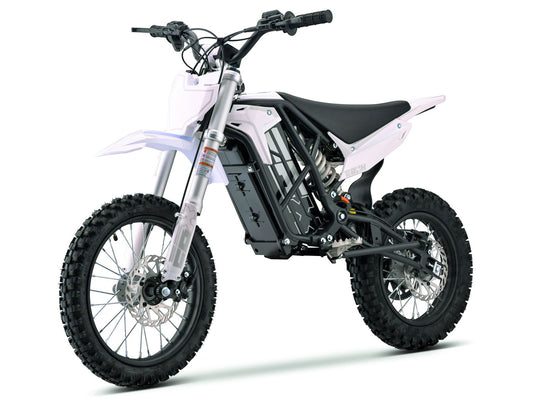 Side view of the eMOTO Stomp Ebox V3 60 electric dirt bike, showcasing its frame, wheels, and suspension system against a plain background.