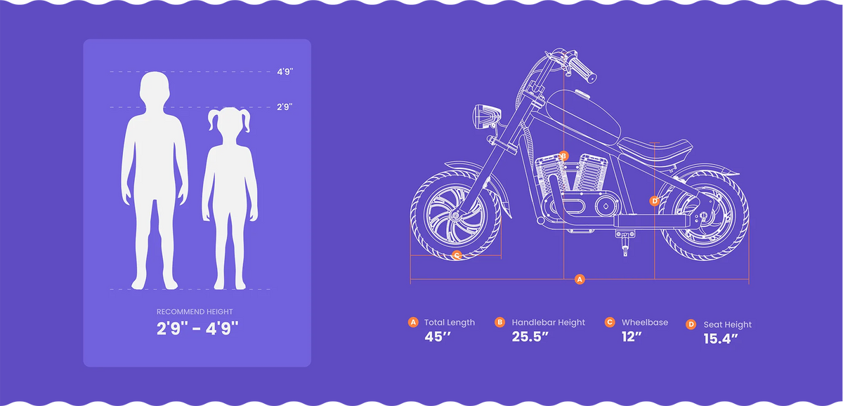 Size guide for the eMOTO Hyper Gogo Challenger 12 Plus electric bike, showing measurements and dimensions of the bike with labeled parts.