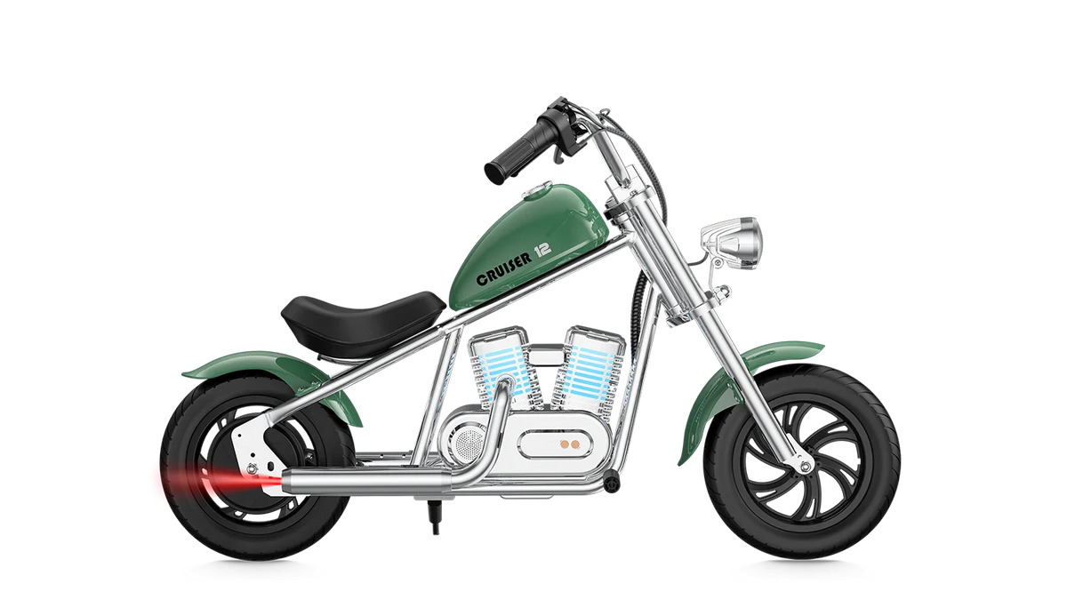 Green eMOTO Hyper Gogo Cruiser 12 Plus electric bike with app connectivity, side view, displayed on a white background