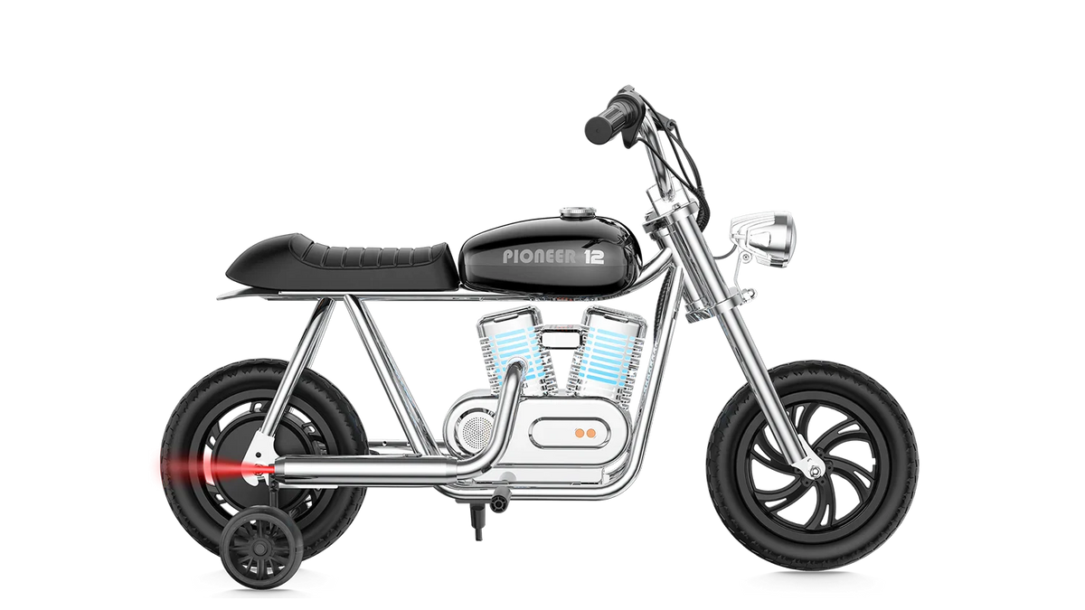 Black eMOTO Hyper Gogo Pioneer 12 Plus electric bike with training wheels, shown in side view; features app connectivity.