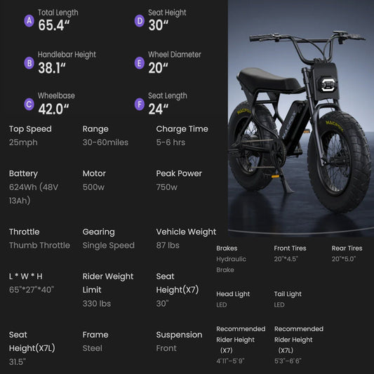 Black eMOTO MACFOX X7 electric bike with dual battery, side view, product image on white background