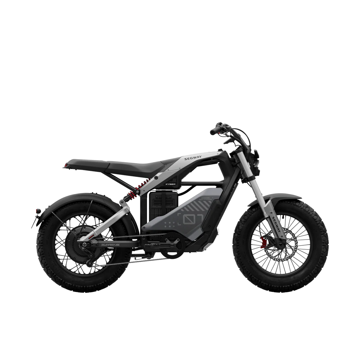 A black eMOTO Segway Xyber electric bike parked on a paved surface, showcasing its rugged frame, thick tires, and modern design.