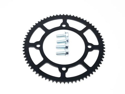 Rear view of eMOTO Sprocket Ebox 1 & 2 219H pitch sprocket, metallic gear part on white background
