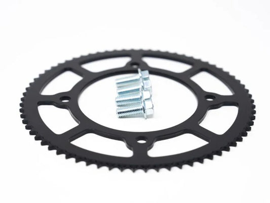 Rear view of eMOTO Sprocket Ebox 1 & 2 219H pitch sprocket, showing detailed metal teeth and mounting holes.