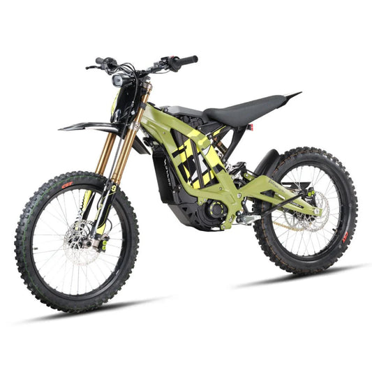 Green eMOTO Surron Light Bee X electric dirt bike side view on white background
