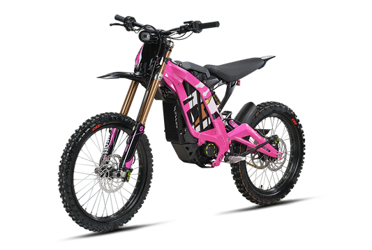 Pink eMOTO Surron Light Bee X electric dirt bike, side view, on a white background
