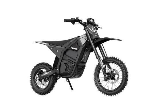 Black eMOTO Yozma IN 10 electric scooter, side view, against a white background