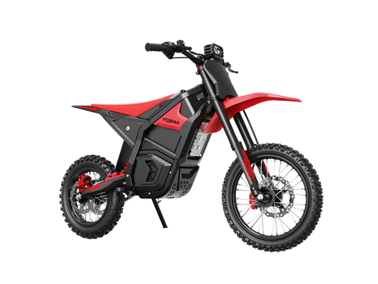 Red eMOTO Yozma IN 10 electric scooter, side view, showcasing sleek design and black wheels