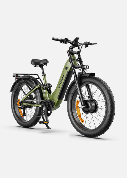 ENGWE E26 3.0 electric bike in army green color, side view, displayed on a white background