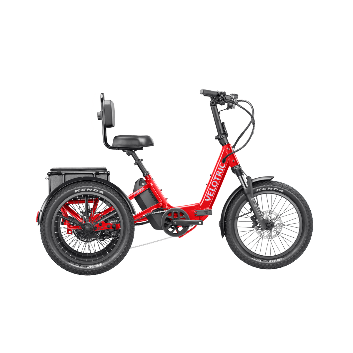 A cherry crimson Velotric Triker eTrike shown from a side angle, highlighting its three-wheel design and modern frame.