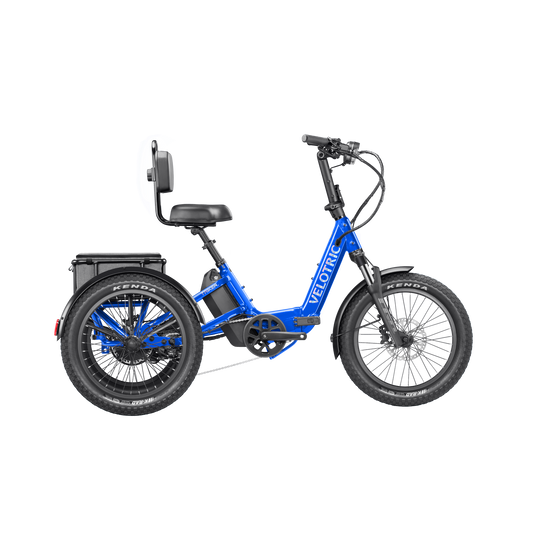 Electric blue Velotric Triker eTrike, side view, showing three wheels and modern frame design