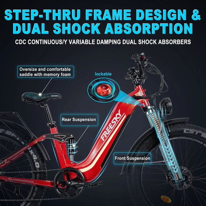 FREESKY Wildcat Pro A - 340 1000 w Step Thru Ebike 4 Fat Tire Electric Fat Tire Mountain eBike - Mountain eBike - FREES|MOUNT|RED|0113 eBike Super Shop