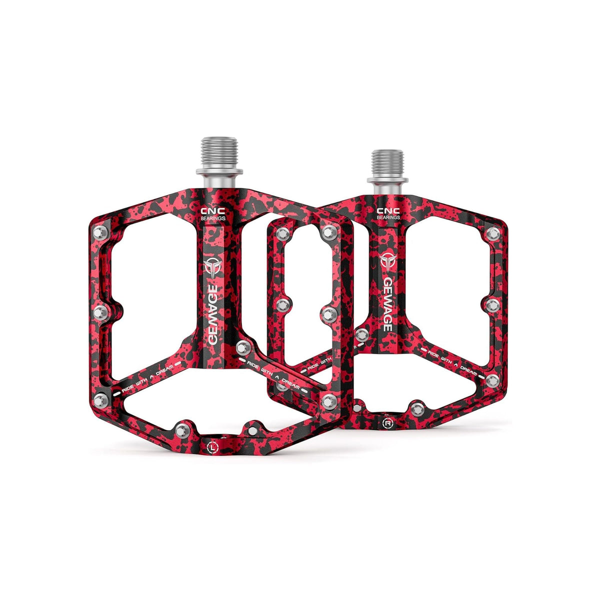 Red camouflage alloy eBike pedals with a textured surface, shown in a product image.