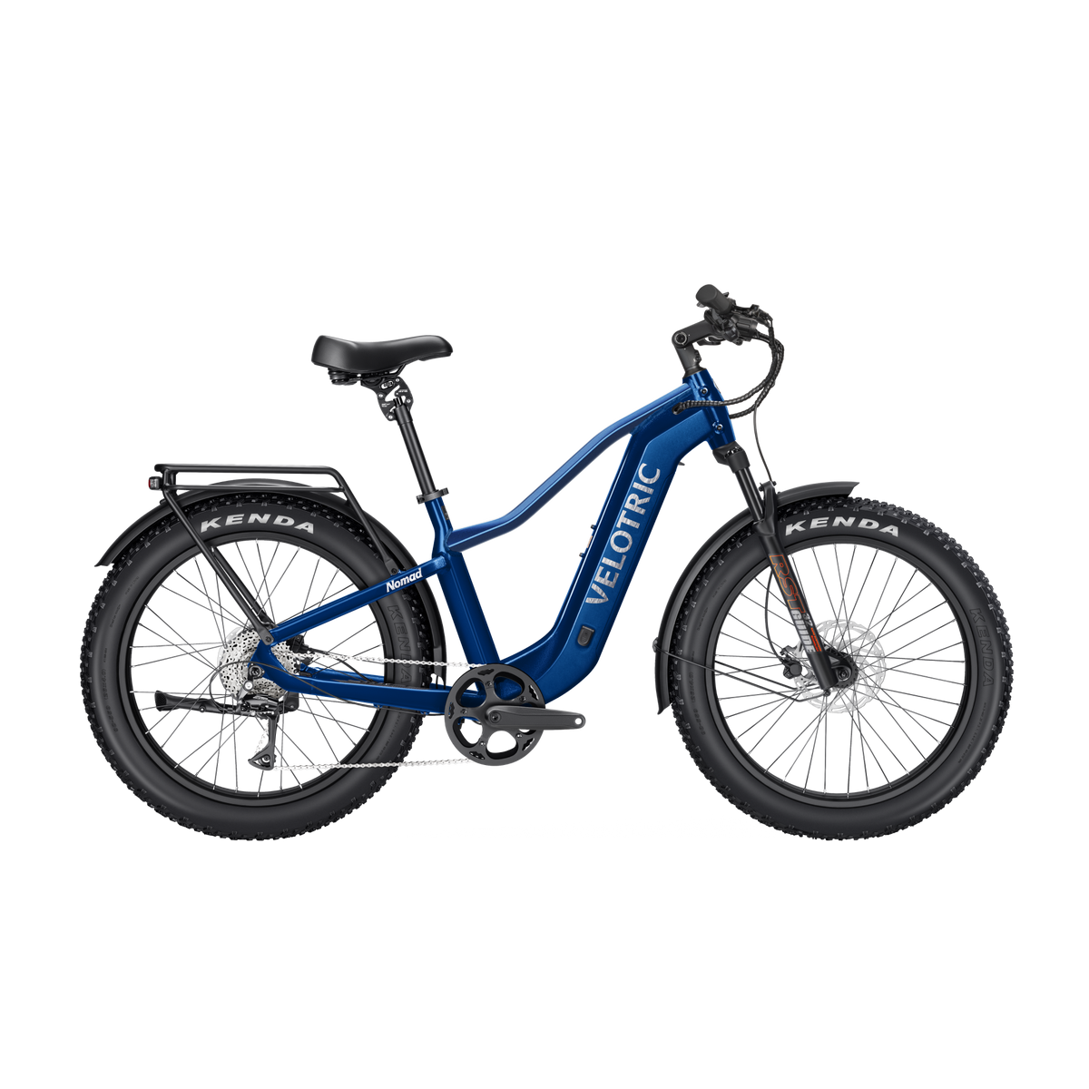 Velotric Nomad 2 eBike in Midnight Blue, high step frame, side view, studio background