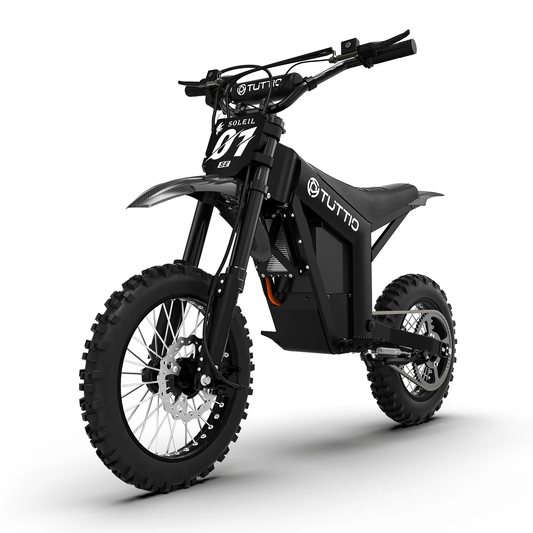 Black eMOTO Tuttio Soleil 01 SE electric scooter, side view, on a plain background