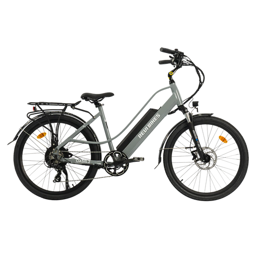 Gray eBike Revi Oasis.2 ST electric bicycle, side view, against a plain background