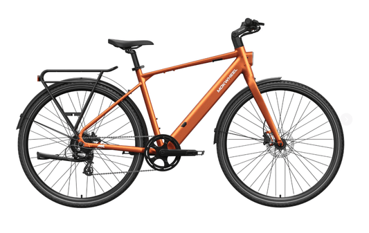 Orange Mokwheel Flint Pro eBike side view, showcasing frame design, wheels, and battery placement