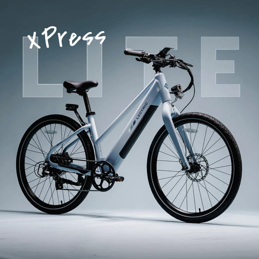 Lectric XPress Lite electric bike in Glacier Blue, side view, against a white background