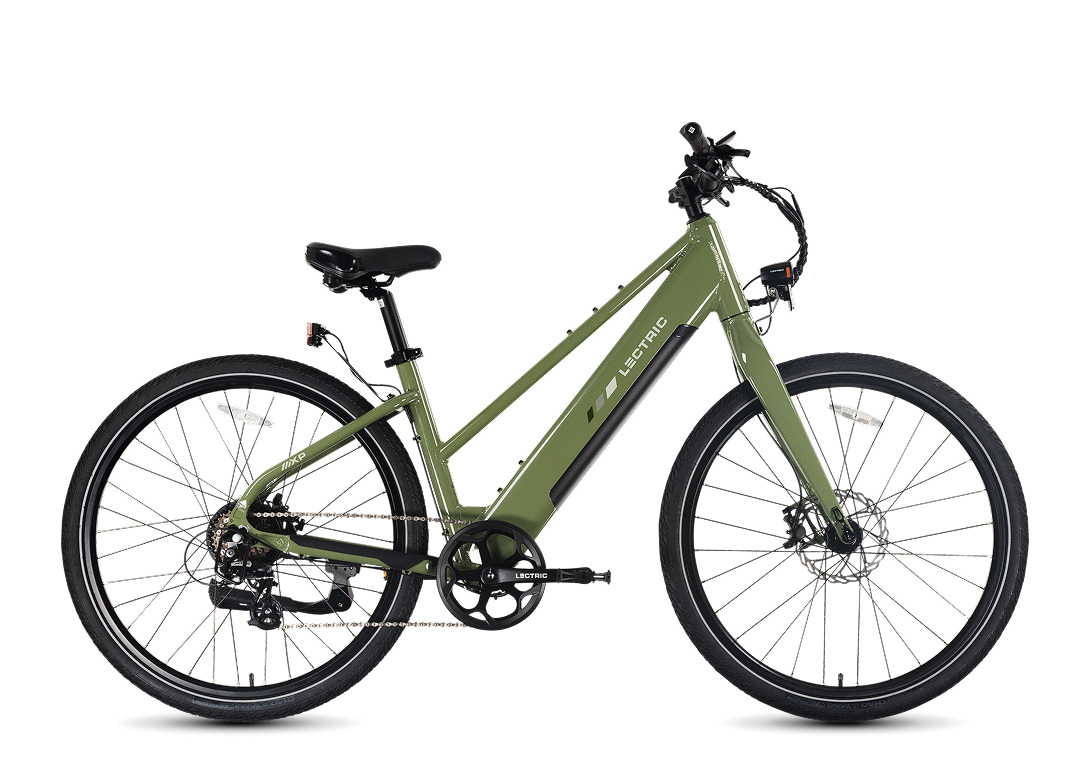 Lectric XPress Lite electric bike in Pine Green color, side view, against a white background