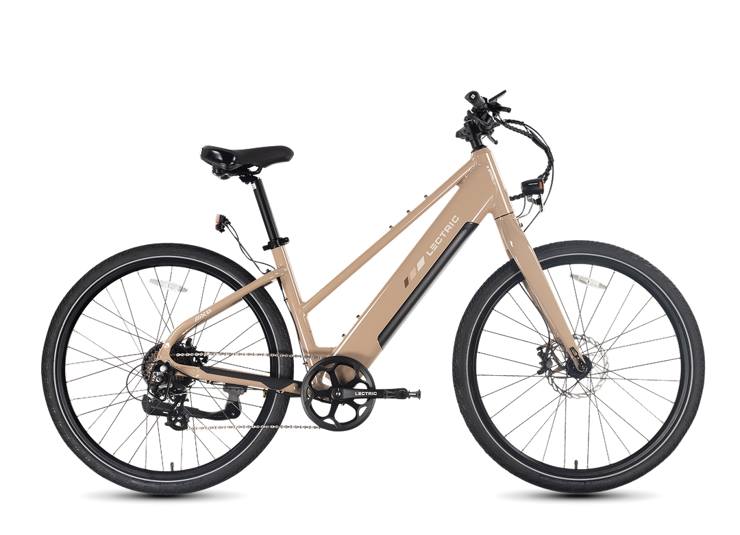 Lectric XPress Lite electric bike in Toasted Marshmallow color, side view, against a white background