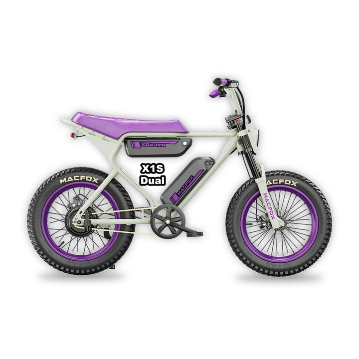 MACFOX X1S x Bs.zay Electric e - Moto Style eBike - Step Over 500 w Electric Mini Fat Tire eBike - Moto Style Bike - Macfox - X7 - eBike - White/Purple - Box eBike Super Shop