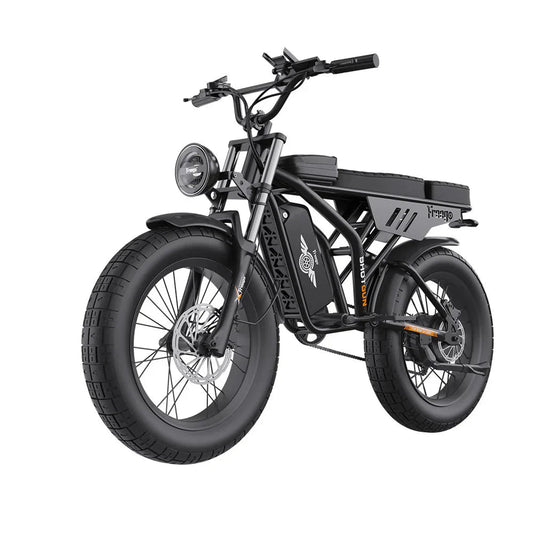 A black eMOTO FREEGO Shotgun Prime F2 Pro-Moto electric cargo eBike with a 1000W motor, featuring a sturdy frame, wide tires, and rear cargo rack, photographed from the side.