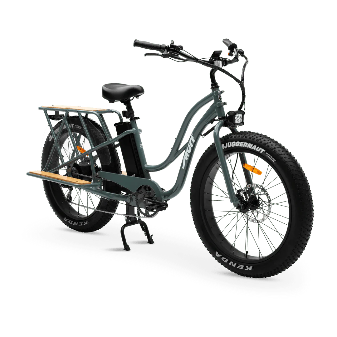 Murf Alpha Cargo fat tire electric beach cruiser e-bike, 52V 750W, designed for carrying cargo, shown in a shop setting.