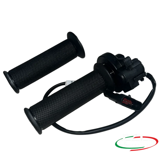 Product image of the eMoto Throttle featuring the Domino Full Twist Throttle with a 3-pin connector, shown in a close-up view.