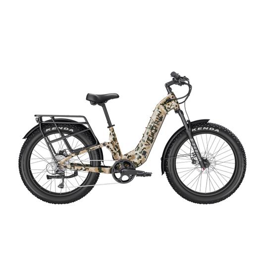 Velotric Nomad 2X Step-Thru eBike in multi-terrain camo color, shown from the side on a white background