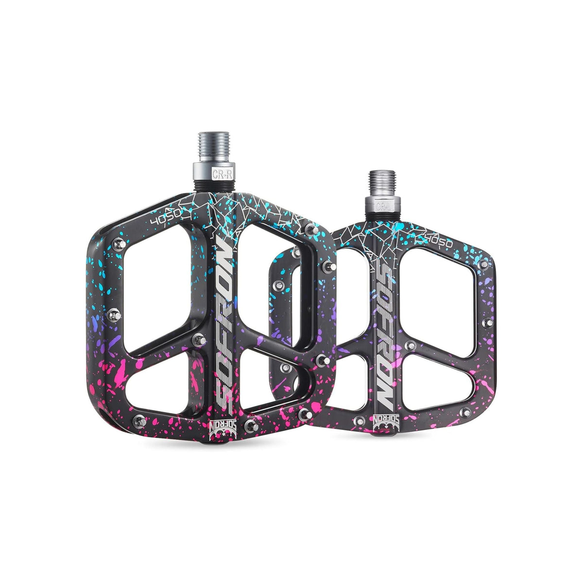 Alloy bicycle pedals in a rainbow camouflage pattern on a white background